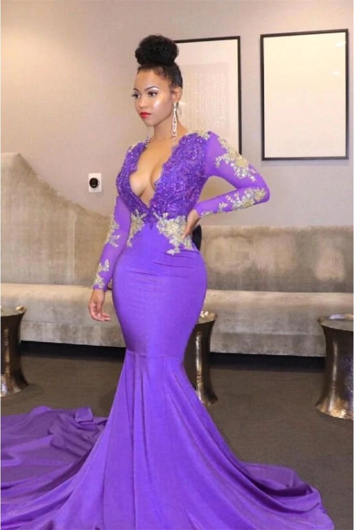 Deep V Neck Mermaid Long Purple Lace Appliques Prom Dresses with Long Sleeves 801282