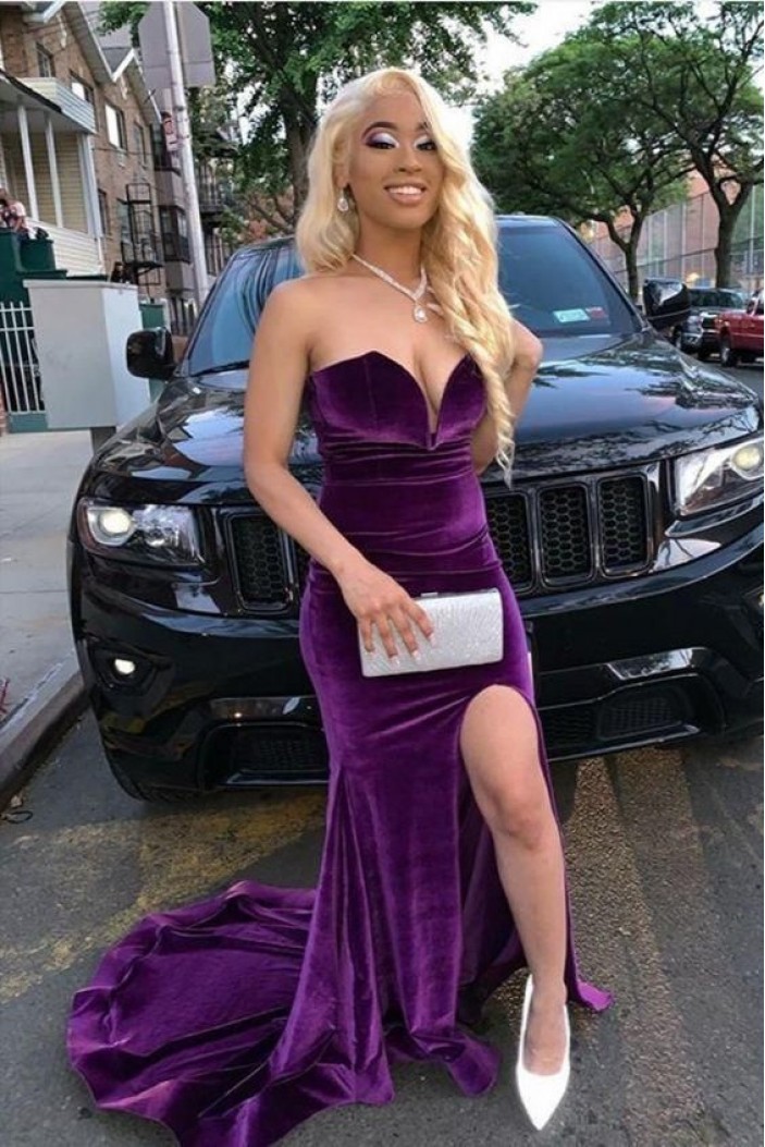 Long Purple V Neck Prom Dresses 801284