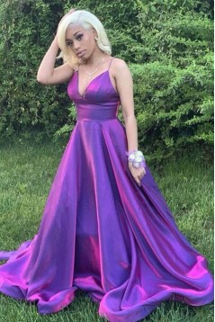 A-Line Spaghetti Straps Long Purple Prom Dresses 801285