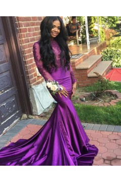 Mermaid Long Purple Lace Open Back Prom Dresses with Long Sleeves 801286