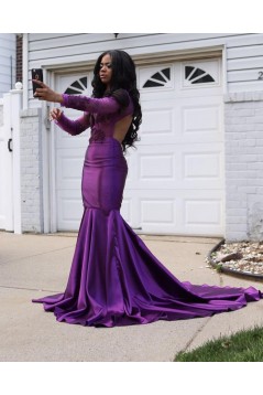 Mermaid Long Purple Lace Open Back Prom Dresses with Long Sleeves 801286