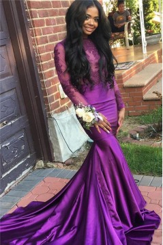 Mermaid Long Purple Lace Open Back Prom Dresses with Long Sleeves 801286