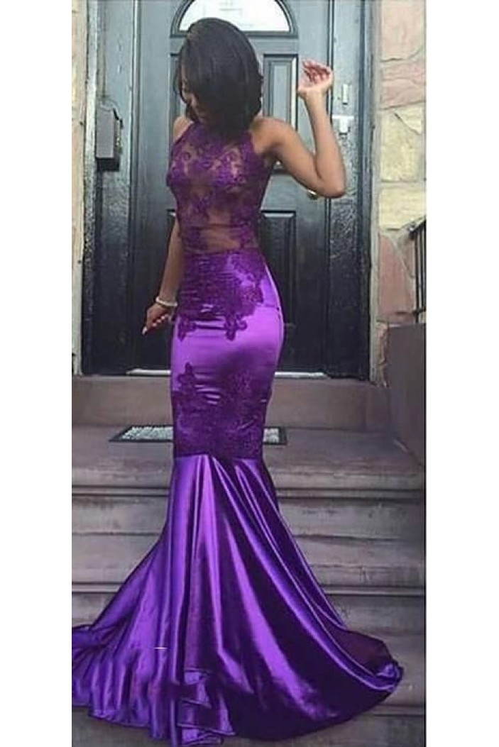 Long Purple Mermaid Sleeveless Lace Prom Dresses 801287