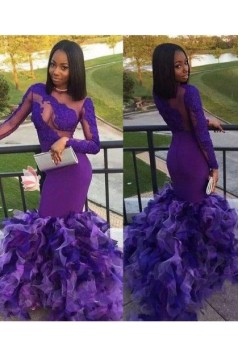 Mermaid Long Purple Prom Dresses with Long Sleeves 801291