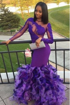 Mermaid Long Purple Prom Dresses with Long Sleeves 801291