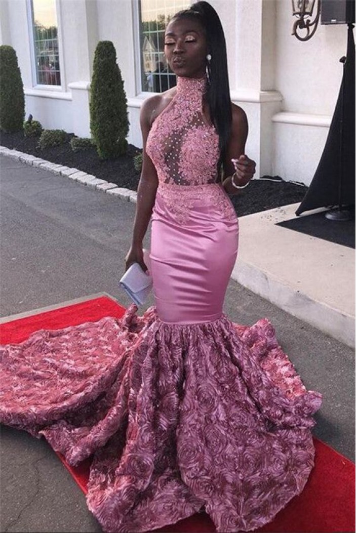 Mermaid Long Pink High Neck Beaded Lace Prom Dresses 801292