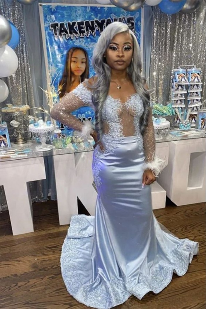 Mermaid Silver Lace Long Sleeves Prom Dresses 801294