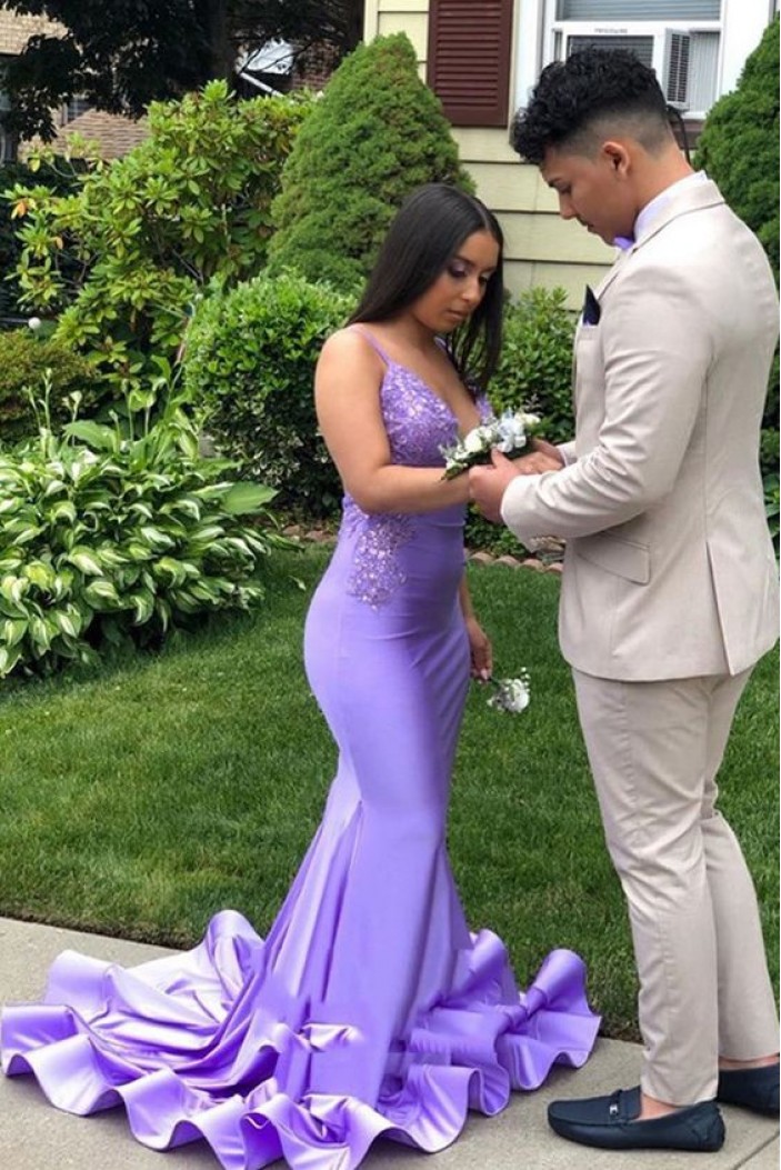 Long Purple Beaded Lace Mermaid Prom Dresses 801296