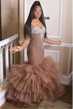 Mermaid Sweetheart Beaded Long Tulle Prom Dresses 801300