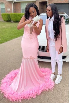 Long Pink Mermaid Lace Prom Dresses 801306