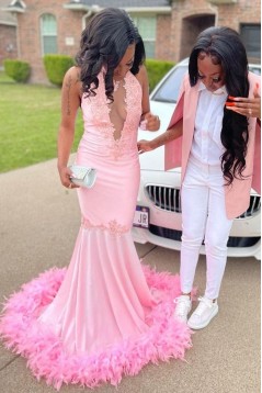 Long Pink Mermaid Lace Prom Dresses 801306