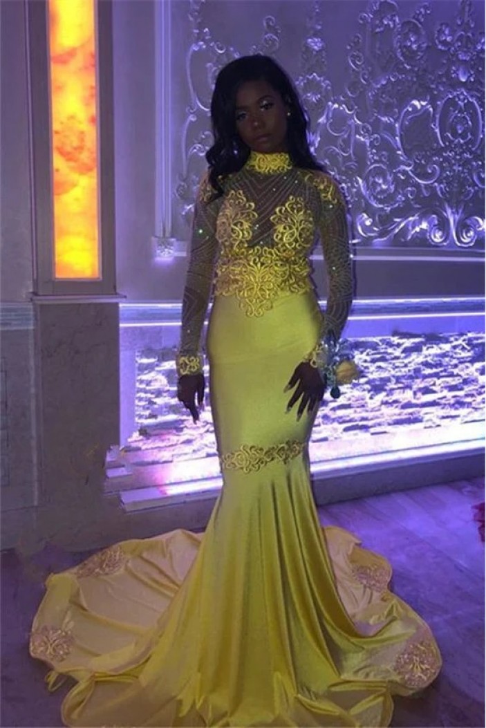 Long Yellow Mermaid Beaded Lace Prom Dresses 801307