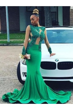 Long Green Mermaid Beaded Lace Prom Dresses 801308