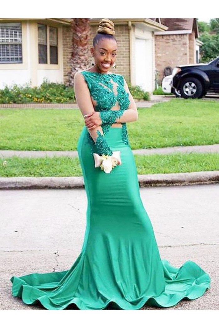 Long Green Mermaid Beaded Lace Prom Dresses 801308