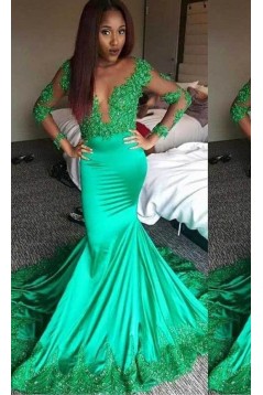 Long Green Mermaid Lace Prom Dresses with Long Sleeves 801309