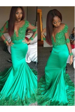 Long Green Mermaid Lace Prom Dresses with Long Sleeves 801309