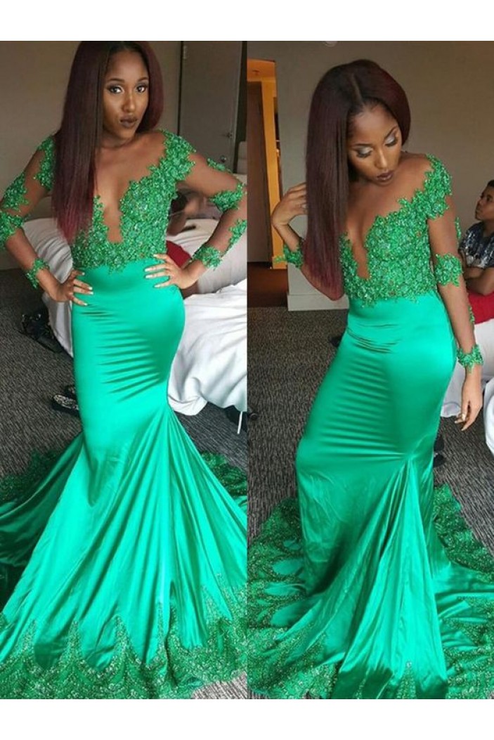 Long Green Mermaid Lace Prom Dresses with Long Sleeves 801309