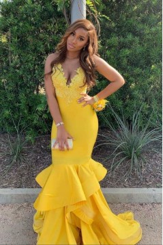 Long Yellow Mermaid Lace Spaghetti Straps Prom Dresses 801314