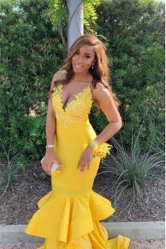 Long Yellow Mermaid Lace Spaghetti Straps Prom Dresses 801314