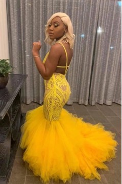 Long Yellow Mermaid Lace Spaghetti Straps Prom Dresses 801315