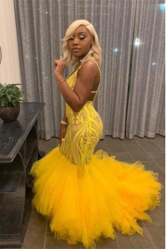 Long Yellow Mermaid Lace Spaghetti Straps Prom Dresses 801315