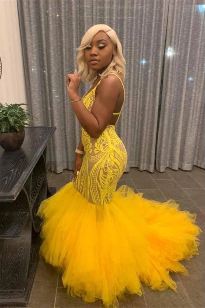 Long Yellow Mermaid Lace Spaghetti Straps Prom Dresses 801315