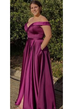 A-Line Grape Purple Off the Shoulder Plus Size Long Prom Dresses 801318