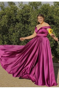 A-Line Grape Purple Off the Shoulder Plus Size Long Prom Dresses 801318