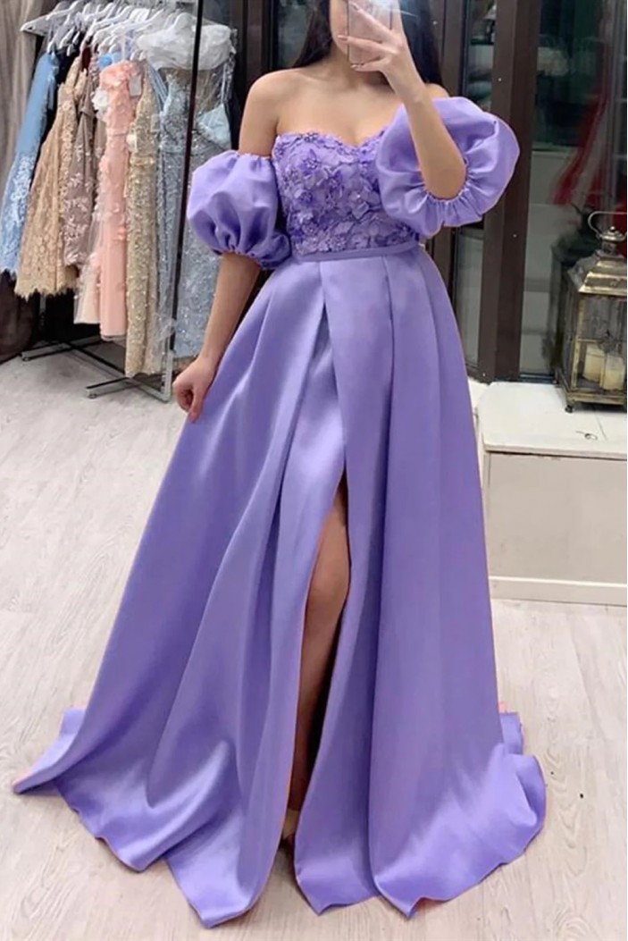 A-Line Lavender Satin Long Prom Dresses with High Slit 801320