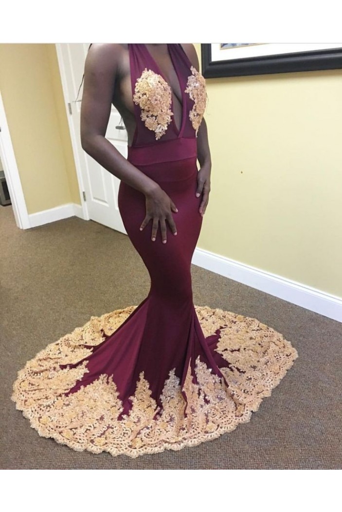 Mermaid Burgundy Lace Long Prom Dresses 801321