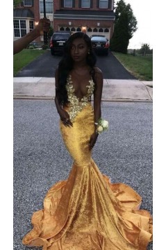 Mermaid Gold Lace Long Prom Dresses 801326