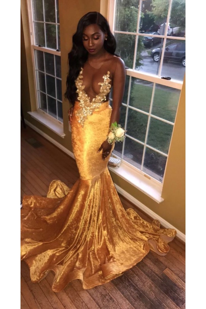 Mermaid Gold Lace Long Prom Dresses 801326