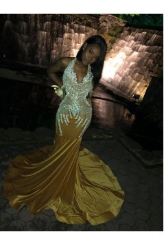 Mermaid Gold Beaded Long Prom Dresses 801327