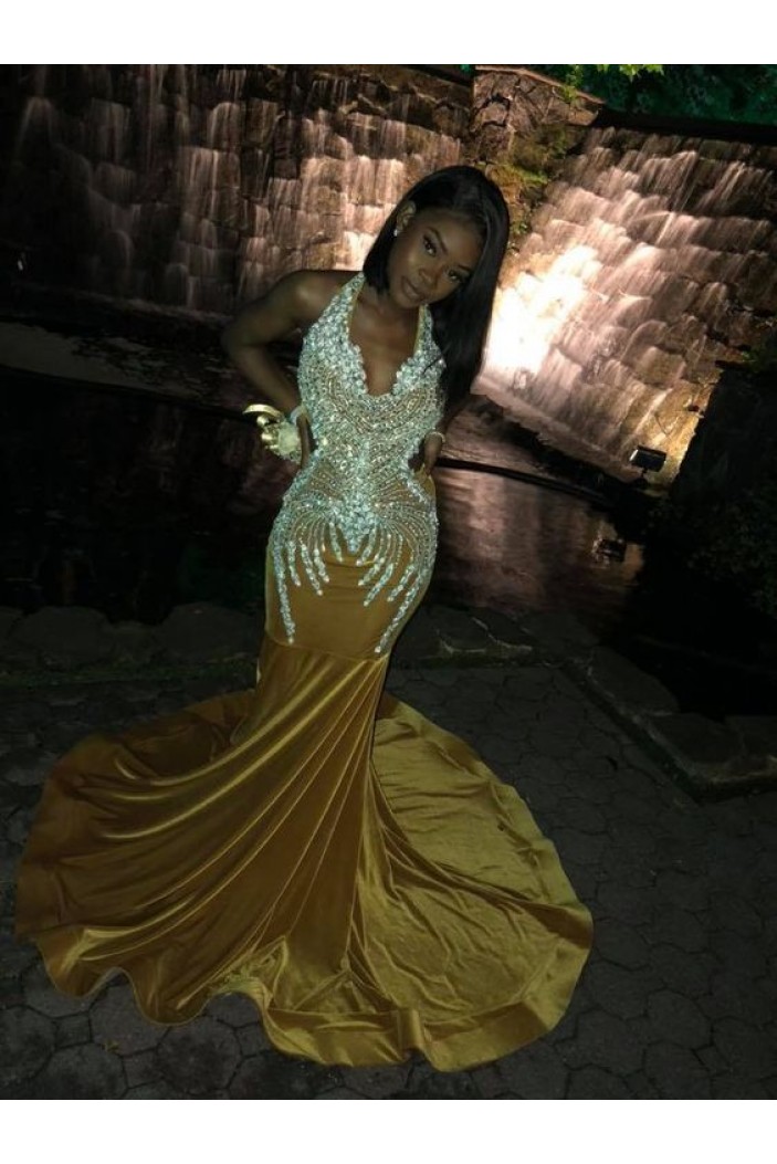 Mermaid Gold Beaded Long Prom Dresses 801327
