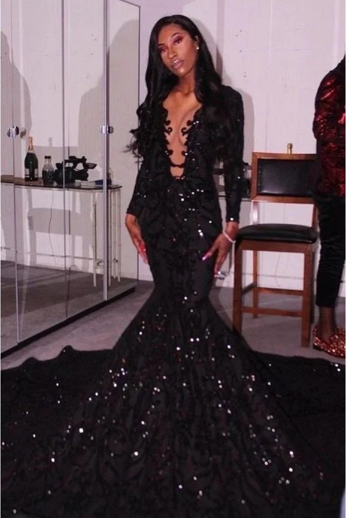 Long Black Mermaid Sparkle Lace Prom Dresses Evening Gowns with Long Sleeves 801328