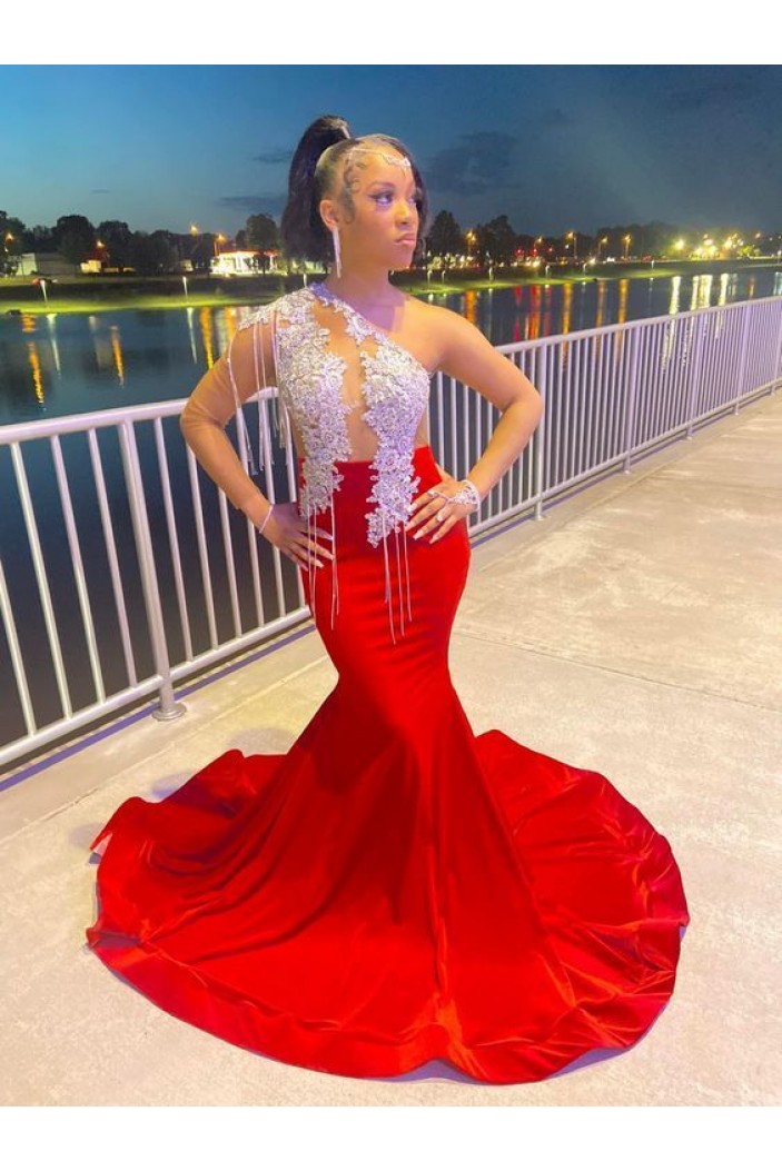 Long Red Beaded Lace One Shoulder Prom Dresses 801333