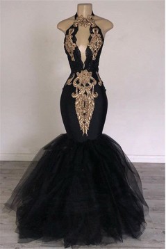 Mermaid Gold Lace Appliques Long Black Prom Dresses 801334