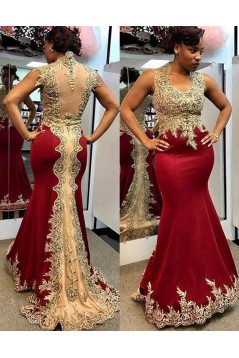 Mermaid Red Beaded Lace Long Prom Dresses 801335