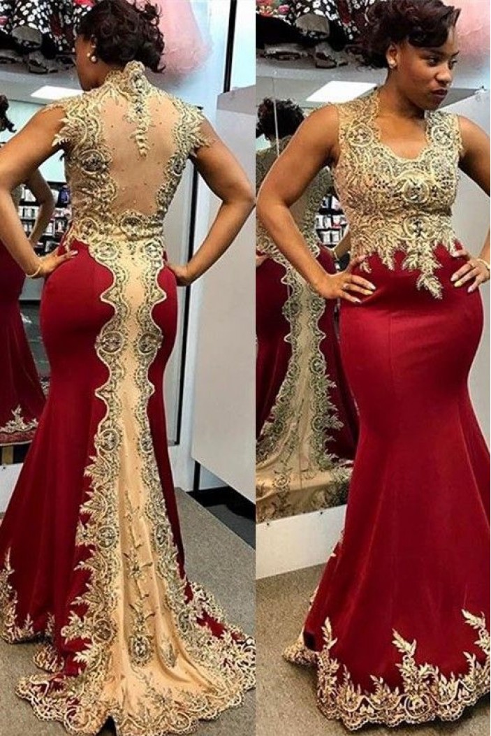 Mermaid Red Beaded Lace Long Prom Dresses 801335