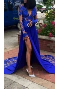 A-Line Royal Blue Lace V Neck Long Prom Dresses 801338