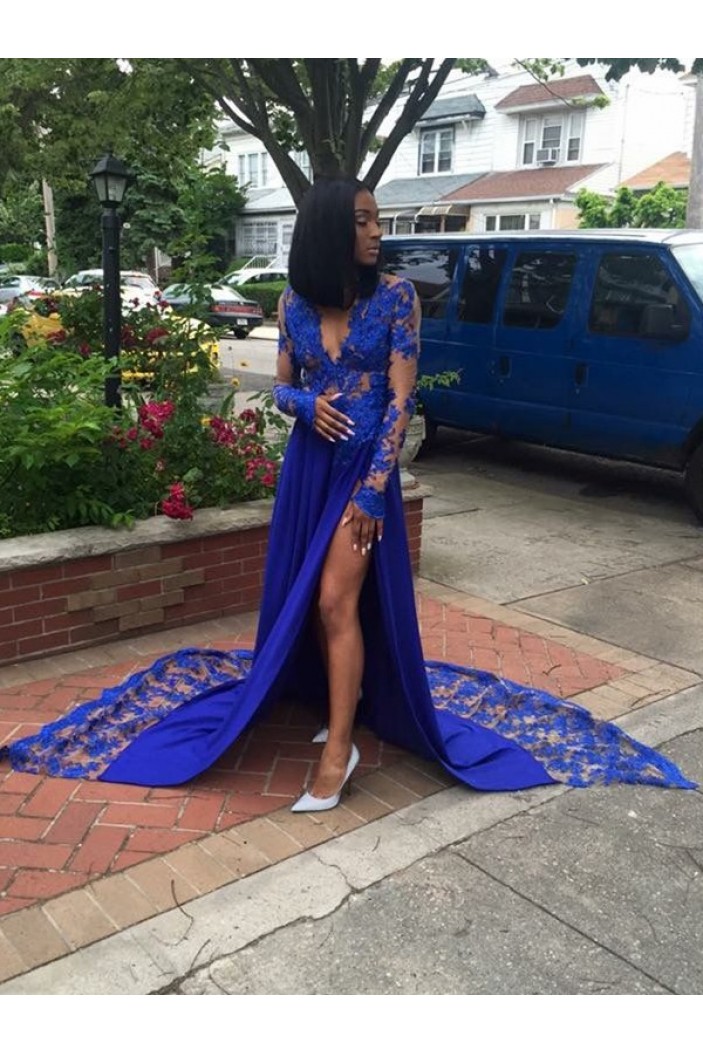 A-Line Royal Blue Lace V Neck Long Prom Dresses 801338