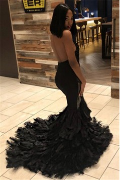 Mermaid Long Black Lace Backless Prom Dresses 801339