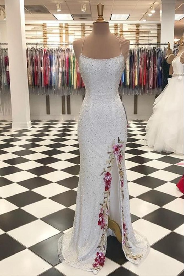 Long White Sequins Spaghetti Straps Prom Dresses 801341