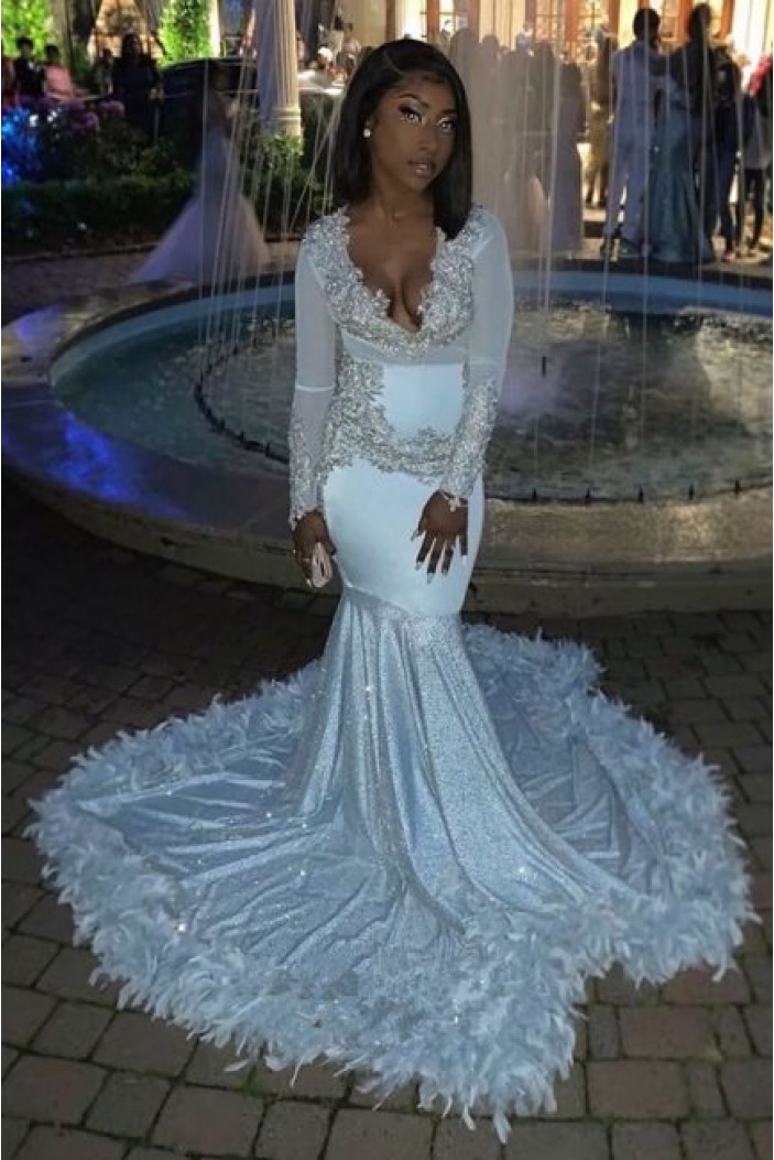 Mermaid Deep V Neck Long White Prom Dresses 801345