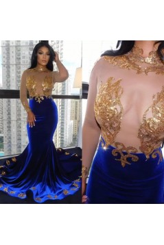 Mermaid Long Sleeves High Neck Gold Lace Appliques Long Prom Dresses 801346