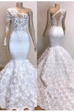 Mermaid Long White One Shoulder Lace Appliques Prom Dresses 801347