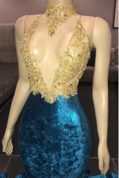 Mermaid Long Blue High Neck Prom Dresses with Gold Lace Appliques 801348