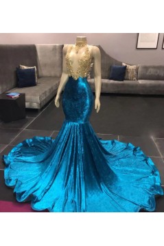 Mermaid Long Blue High Neck Prom Dresses with Gold Lace Appliques 801348