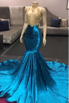 Mermaid Long Blue High Neck Prom Dresses with Gold Lace Appliques 801348