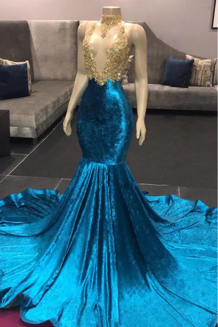 Mermaid Long Blue High Neck Prom Dresses with Gold Lace Appliques 801348